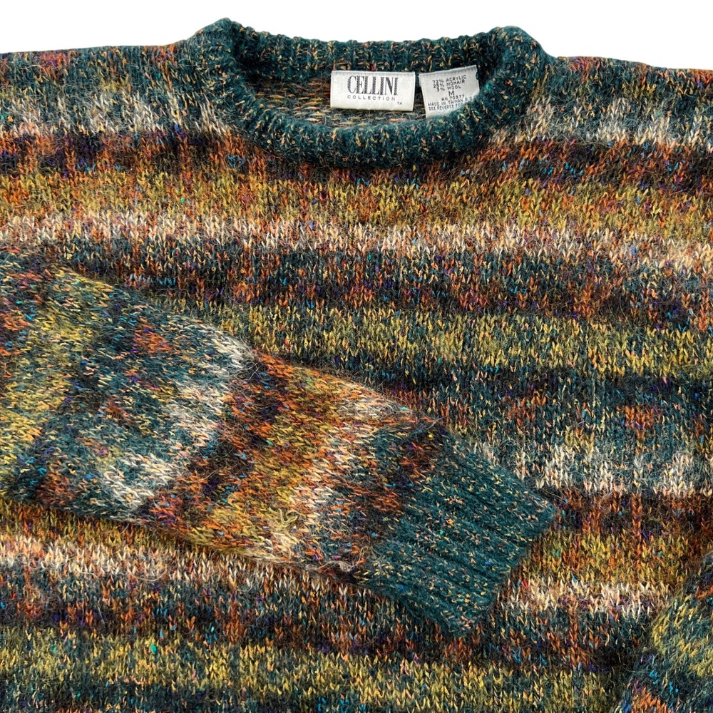 VTG 90s Cellini Sweater Mens M Multicolor Mohair Wool Blend Striped Fuzzy Grunge